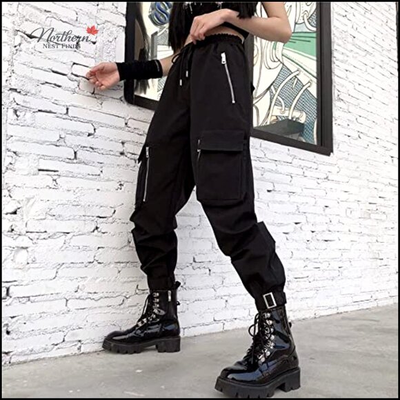 Black Cargo Pants Women Loose Multi-Pocket Punk Goth Pants XS S - Picture 4 of 7